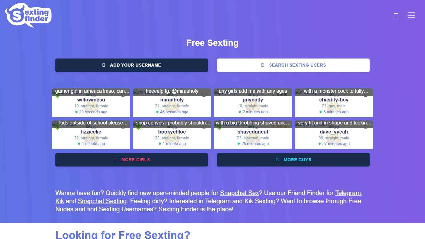 #1 Sexting Usernames List - The best place for Sex Chat with your favorite Apps like Telegram and Kik. SextingFinder